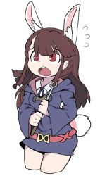 Rule 34 | 1girl, absurdres, animal ear fluff, animal ears, belt, black dress, brown eyes, brown hair, chinese commentary, commentary request, cowboy shot, dress, flying sweatdrops, highres, kagari atsuko, little witch academia, long hair, luna nova school uniform, menthako, open mouth, rabbit ears, rabbit tail, school uniform, short dress, simple background, solo, tail, wand, white background