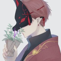 Rule 34 | 1boy, animal ears, bouquet, bow, coat, covered eyes, ear ribbon, earclip, earrings, embroidery, fingernails, floral print, flower, flower over mouth, fox mask, from side, grey background, highres, holding, jewelry, male focus, mask, original, pointy ears, popped collar, portrait, profile, purple flower, red coat, red hair, red theme, simple background, smelling flower, solo, tassel, tsuki mitsu, wrapper