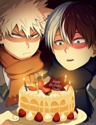 Rule 34 | 2boys, annoyed, bakugou katsuki, birthday cake, blonde hair, blue eyes, boku no hero academia, burn scar, cake, candle, commentary, english text, food, frown, fruit, grey eyes, happy birthday, heterochromia, highres, holding, male focus, multicolored hair, multiple boys, open mouth, red eyes, red hair, scar, scarf, short hair, sparkle, spiked hair, strawberry, todoroki shouto, two-tone hair, upper body, white hair, yaketchup