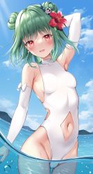 Rule 34 | 1girl, absurdres, arm behind head, armpits, blue sky, blush, breasts, clothing cutout, cloud, cowboy shot, double bun, earrings, floating hair, flower, green hair, green nails, groin, hair bun, hair flower, hair ornament, hibiscus, highres, hololive, jewelry, looking at viewer, medium hair, nail polish, navel, navel cutout, one-piece swimsuit, open mouth, raised eyebrows, red eyes, skull earrings, skull hair ornament, sky, small breasts, smile, solo, stomach, swimsuit, uruha rushia, utekiro, virtual youtuber, wading, water, wet, white one-piece swimsuit, white sleeves
