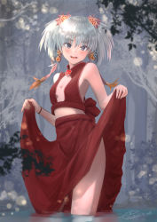 Rule 34 | 1girl, :d, bare shoulders, branch, breasts, clothes lift, commentary request, dated, fingernails, flower, grey eyes, hair flower, hair ornament, highres, lens flare, long skirt, looking at viewer, open mouth, original, partially submerged, raiz art works, red skirt, skirt, skirt lift, sleeveless, small breasts, smile, solo, sunlight, teeth, upper teeth only, water, white hair