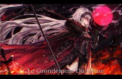 Rule 34 | 1girl, :d, ahoge, armor, armored dress, black cape, black dress, black thighhighs, cape, dress, artistic error, fate/grand order, fate (series), faulds, floating hair, french text, full moon, fur-trimmed cape, fur trim, headpiece, holding, holding sword, holding weapon, jeanne d&#039;arc (fate), jeanne d&#039;arc alter (avenger) (fate), jeanne d&#039;arc alter (fate), long hair, looking at viewer, mento, moon, open mouth, red moon, silver hair, smile, solo, standing, sword, thighhighs, very long hair, weapon, yellow eyes