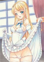 Rule 34 | 1girl, absurdres, bare shoulders, blonde hair, blue eyes, blush, bra, breasts, clothes lift, collarbone, commentary request, dress, elbow gloves, gloves, green eyes, hair between eyes, hair ornament, highres, isekai wa smartphone to tomo ni., long hair, looking at viewer, medium breasts, open mouth, panties, princess, simple background, skirt, skirt lift, smile, solo, thighhighs, thighs, tomoeri, underwear, white panties, yumina elnea belfast