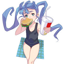 Rule 34 | 1girl, aqua eyes, blue hair, blush, burger, drink, drinking straw, eating, flat chest, food, green eyes, kouno (masao), long hair, looking at viewer, one-piece swimsuit, original, outstretched arm, purple hair, simple background, sitting, solo, swimsuit, twintails, white background