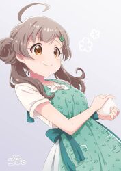 Rule 34 | 1girl, ahoge, apron, blush, bow, breasts, brown eyes, brown hair, closed mouth, commentary request, double bun, dress, dutch angle, floral print, floral print apron, food, from below, goma konbu, green apron, green bow, green ribbon, grey background, hair bun, hair ornament, hair over shoulder, hairclip, hakozaki serika, highres, holding, holding food, idolmaster, idolmaster million live!, long hair, looking at food, looking down, onigiri, raised eyebrows, ribbon, short sleeves, simple background, small breasts, smile, solo, split mouth, tareme, three quarter view, twintails, upper body, white dress