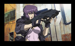 Rule 34 | 00s, 1girl, absurdres, border, breasts, building, bullpup, cable, cleavage, crop top, czn-m22, electric fan, fighting stance, fingerless gloves, ghost in the shell, ghost in the shell stand alone complex, gloves, gun, hair between eyes, hand fan, highleg, highleg leotard, highres, holding, industrial pipe, jacket, kusanagi motoko, large breasts, leather, leather jacket, leotard, looking away, machine pistol, midriff, navel, open clothes, open jacket, open mouth, outdoors, purple hair, red eyes, rifle, short hair, sleeves rolled up, solo, strap, submachine gun, upper body, weapon, window