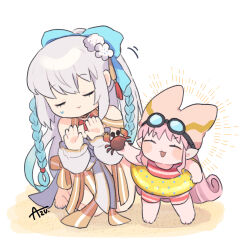 Rule 34 | 2girls, animal, aqua hair, arm at side, azu (kirara310), bare shoulders, barefoot, beach, blue bow, blue nails, blush stickers, bow, braid, chibi, closed eyes, crab, detached sleeves, fate/grand order, fate (series), flower, goggles, goggles on head, gradient hair, grey hair, habetrot (fate), hair bow, hair flower, hair ornament, hand up, hands up, happy aura, hat, highres, holding, holding animal, innertube, kneeling, long hair, long sleeves, morgan le fay (fate), morgan le fay (water princess) (fate), multicolored hair, multiple girls, nail polish, one-piece swimsuit, open mouth, pink hair, pink headwear, pointy ears, polka dot innertube, ponytail, red one-piece swimsuit, red tassel, ribbon, sand, signature, simple background, smile, standing, striped clothes, striped one-piece swimsuit, striped ribbon, sweat, swim ring, swimsuit, tassel, tassel hair ornament, white background, white flower, white sleeves, yellow innertube, yellow ribbon