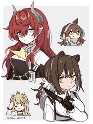 Rule 34 | 4girls, absurdres, animal ears, animal hands, arknights, black shirt, blonde hair, blue eyes, blush, brown hair, commentary, cross tie, domma (arknights), grey shirt, highres, holding, holding knife, hood, hood up, horns, id card, jacket, kafka (arknights), knife, laurel crown, long hair, looking at viewer, muelsyse (arknights), multiple girls, nano mochi, one eye closed, pointy ears, ponytail, portrait, raccoon ears, red hair, robin (arknights), rubik&#039;s cube, salute, shirt, simple background, smile, tongue, tongue out, upper body, white jacket, white shirt, yellow eyes