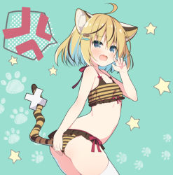 Rule 34 | 1girl, ahoge, anger vein, animal ear fluff, animal ears, bare arms, bare shoulders, bikini, black hair, blonde hair, blue background, blue eyes, blue hair, blush, claw pose, commentary request, fang, fish hair ornament, frilled bikini, frills, hair between eyes, hair ornament, hanamiya natsuka, hand up, meat hair ornament, multicolored hair, open mouth, original, paw print, paw print background, solo, spoken anger vein, star (symbol), starry background, streaked hair, striped bikini, striped clothes, swimsuit, tail, thighhighs, tiger ears, tiger girl, tiger tail, twisted torso, white thighhighs
