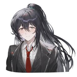 Rule 34 | 1boy, aqua eyes, black eyes, black hair, blush, bonno sasu, closed mouth, coat, heterochromia, high ponytail, highres, hong lu (project moon), limbus company, long hair, looking at viewer, necktie, project moon, red necktie, shirt, simple background, smile, solo, upper body, very long hair, white background