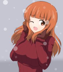Rule 34 | absurdres, aikir (jml5160), blunt bangs, blurry, bokeh, breasts, brown eyes, brown hair, brown mittens, depth of field, dutch angle, girls und panzer, highres, large breasts, long hair, looking at viewer, mittens, one eye closed, smile, snow, solo, takebe saori, upper body, winter, winter clothes