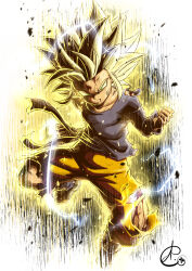 Rule 34 | 1girl, alternate universe, benoit picard, black tank top, blonde hair, breasts, commentary, dragon ball, energy, english commentary, green eyes, highres, looking at viewer, medium hair, orange pants, pan (dragon ball), pants, serious, small breasts, solo, spiked hair, super saiyan, super saiyan 2, tank top, torn clothes