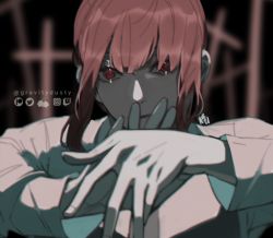 Rule 34 | 1girl, black background, blurry, blurry foreground, chainsaw man, cross, gravitydusty, hair between eyes, long hair, long sleeves, looking at viewer, makima (chainsaw man), outstretched hand, red eyes, red hair, ringed eyes, shirt, sidelocks, signature, solo, twitter username, upper body, white shirt