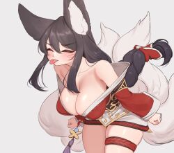 Rule 34 | 1girl, :p, ahri (league of legends), animal ears, black hair, breasts, cleavage, closed eyes, cowboy shot, facial mark, fox ears, fox girl, fox tail, hair between eyes, highres, kitsune, large breasts, league of legends, leaning forward, long hair, multiple tails, off shoulder, ponytail, simple background, skindentation, solo, tail, thighs, tongue, tongue out, whisker markings, white background, yabby