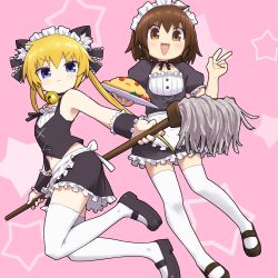 Rule 34 | 2girls, alternate costume, bell, black footwear, blonde hair, blue eyes, blush, brown eyes, brown hair, closed mouth, enmaided, food, highres, holding, holding mop, holding plate, kill me baby, long hair, looking at viewer, maid, maid headdress, mop, multiple girls, navel, neck bell, omelet, omurice, open mouth, oribe yasuna, plate, short hair, smile, sonya (kill me baby), thighhighs, twintails, v, white legwear, yachima tana