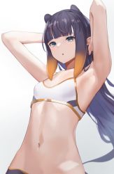Rule 34 | 1girl, :o, animal ears, armpits, arms behind head, bad id, bad pixiv id, bare arms, blue eyes, blunt bangs, breasts, collarbone, dolphenry, flat chest, gradient background, gradient hair, highres, hololive, hololive english, long hair, looking at viewer, midriff, mole, mole under eye, multicolored hair, navel, ninomae ina&#039;nis, orange hair, pointy ears, purple hair, sidelocks, sleeveless, small breasts, sports bra, tentacle hair, tentacles, upper body, very long hair, virtual youtuber