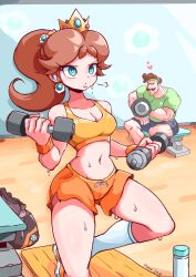 Rule 34 | 1boy, 1girl, blue eyes, breasts, brown hair, cleavage, crown, dumbbell, earphones, earrings, exercising, facial hair, fitting room, flower earrings, green shirt, heart, holding, ioh, jewelry, legs, looking at another, looking away, luigi, mario (series), medium breasts, midriff, muscular, mustache, navel, nintendo, ponytail, princess daisy, shirt, shorts, spoken heart, super mario bros. 1, super mario land, sweat, thighs, tomboy
