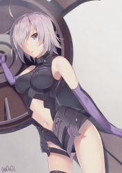 Rule 34 | 1girl, :p, ahoge, armor, artist name, black leotard, black thighhighs, blurry, breasts, cowboy shot, depth of field, eyelashes, fate/grand order, fate (series), gloves, gluteal fold, grey background, hair over one eye, holding, holding shield, leotard, looking at viewer, mash kyrielight, navel, one eye covered, purple eyes, purple gloves, shield, short hair, signature, silver hair, single thighhigh, sleeveless, solo, stomach, swept bangs, thighhighs, tongue, tongue out, turtleneck, twitter username, you06