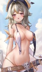 Rule 34 | 1girl, :d, bare arms, bare shoulders, belt, bikini, blue eyes, blue sky, braid, breasts, brown belt, cloud, commentary request, cowboy shot, day, gloves, grey hair, hair intakes, hat, hat feather, highres, honkai (series), honkai impact 3rd, large breasts, long hair, looking at viewer, navel, open mouth, outdoors, scabbard, sheath, sheathed, sky, smile, solo, standing, stomach, swimsuit, sword, thigh strap, thighs, untied bikini, vill-v, weapon, white gloves, yelan xing xuan