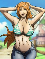 Rule 34 | 1girl, abs, bikini, bikini top only, blue pants, breasts, cameltoe, cleavage, covered erect nipples, denim, ear piercing, earrings, female focus, highres, jewelry, large breasts, nami (one piece), one piece, pants, piercing, solo, swimsuit, tagme, tattoo, taynorhook, thick thighs, thighs, toei animation