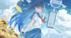 Rule 34 | 1girl, blue eyes, blue hair, blue sailor collar, blue serafuku, blue skirt, blurry, bus stop sign, cloud, commentary, cowboy shot, cropped shirt, depth of field, flower, from side, hair between eyes, lens flare, lex suri12, light particles, long hair, looking at viewer, midriff, neckerchief, original, paper airplane, parted lips, pleated skirt, red neckerchief, sailor collar, school uniform, serafuku, shirt, skirt, solo, sunflower, very long hair, white shirt