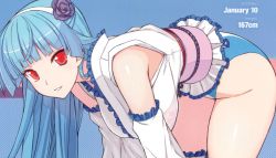 Rule 34 | 1girl, bent over, blue hair, breasts, flower, hair flower, hair ornament, hairband, himukai kyousuke, japanese clothes, large breasts, long hair, looking at viewer, obi, red eyes, ring dream, sasaki yukime, sash, simple background, solo, wrestling outfit, yuki onna (ring dream)