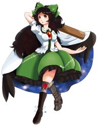 Rule 34 | 1girl, black hair, bow, breasts, european clothes, female focus, full body, hair bow, highres, long hair, red eyes, reiuji utsuho, skirt, solo, touhou, transparent background, wings, world climb