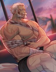 Rule 34 | 1boy, abs, bandaid, bandaid on cheek, bandaid on face, bara, beard, bed, black male underwear, blood, boxers, brk 603, bulge, facial hair, feet out of frame, highres, hospital bed, large pectorals, male focus, male underwear, mature male, muscular, muscular male, mustache, nipples, old, old man, overwatch, overwatch 1, pectorals, reinhardt (overwatch), short hair, solo, stomach, thick thighs, thighs, underwear, underwear only, white hair