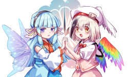 Rule 34 | 2girls, akinomiya asuka, black hair, black hairband, blue hair, blue kimono, blunt bangs, bow, bowtie, collared shirt, detached sleeves, hairband, hat, hollow song of birds, japanese clothes, kimono, light blue hair, long hair, medium hair, multicolored hair, multiple girls, open mouth, parted lips, pink vest, puffy short sleeves, puffy sleeves, purple eyes, red bow, red bowtie, riverbed soul saver, shirt, short sleeves, sleeveless, sleeveless kimono, smile, suitenguu no himemiko, torisumi horou, touhou, vest, white hair, white headwear, white shirt, white sleeves, wings, yellow eyes