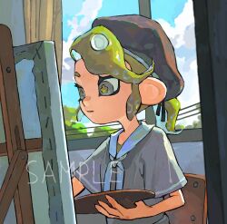 Rule 34 | 1girl, beret, black ribbon, blue neckerchief, blue sailor collar, brown hat, canvas (object), closed mouth, commission, easel, flower-shaped pupils, green hair, green pupils, grey eyes, grey serafuku, grey shirt, hat, hat ribbon, highres, holding, holding palette, looking at object, low ponytail, miko (15476997), neckerchief, nintendo, octoling, octoling girl, octoling player character, on chair, painting (action), palette (object), power lines, ribbon, sailor collar, sample watermark, school uniform, serafuku, shirt, short sleeves, sidelocks, sitting, solo, splatoon (series), suction cups, swept bangs, symbol-shaped pupils, tentacle hair, upper body, watermark, wide sleeves, window