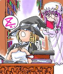 Rule 34 | 2girls, anger vein, blonde hair, blue bow, book, bow, braid, crescent, crescent hair ornament, female focus, glasses, hair ornament, hair ribbon, hat, holding, holding book, indoors, kirisame marisa, library, long sleeves, lowres, multiple girls, oekaki, open mouth, patchouli knowledge, purple eyes, purple hair, red bow, ribbon, short sleeves, sleeping, touhou, witch hat, zzz
