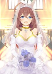 Rule 34 | 1girl, ahoge, alternate costume, animal ears, blue eyes, bouquet, breasts, bridal veil, cathedral, cleavage, commentary request, dress, elbow gloves, flower, gloves, hair between eyes, happy, highres, holding, holding bouquet, horse ears, horse girl, jpeg artifacts, komugikokonko, large breasts, looking at viewer, mihono bourbon (umamusume), open mouth, red hair, sleeveless, smile, solo, tears, umamusume, veil, wedding, wedding dress, white dress, white gloves, window