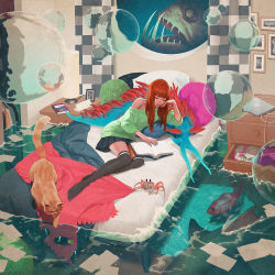 Rule 34 | 1girl, alarm clock, anglerfish, artist name, bed, bed sheet, bedroom, black thighhighs, blue skirt, blunt bangs, book, bubble, cat, clock, computer, copyright request, crab, creature, digital clock, drawing (object), fantasy, fish, fish request, fishbowl, highres, indoors, jason chan, laptop, long hair, lying, messy room, notebook, off shoulder, on bed, on side, open book, orange hair, original, photo (object), picture frame, reading, shark, signature, skirt, solo, surreal, sweater, thighhighs, water, zettai ryouiki
