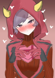 Rule 34 | 1girl, blush, commentary request, courtney (pokemon), creatures (company), eyelashes, fake horns, game freak, grey eyes, grey hair, head tilt, heart, heart-shaped pupils, highres, hood, hood up, hooded vest, hoodie, horns, looking at viewer, metoranran, nintendo, parted lips, pokemon, pokemon oras, short hair, solo, sweater, symbol-shaped pupils, team magma, team magma uniform, turtleneck, turtleneck sweater, upper body, valentine, vest