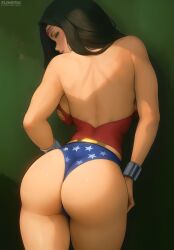 Rule 34 | 1girl, artist name, ass, ass focus, back, backboob, backless leotard, bare shoulders, black hair, blue eyes, blue leotard, bracer, breasts, circlet, closed mouth, dc comics, flowerxl, from behind, gold, green background, large breasts, leotard, lips, long hair, looking at viewer, looking back, red leotard, solo, star (symbol), star print, thighs, two-tone leotard, wonder woman, wonder woman (series)
