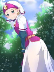 Rule 34 | 1girl, artist request, belt, blonde hair, blue eyes, blue sky, blurry, blurry background, blush, closed mouth, day, dress, female focus, from behind, hat, highres, layered sleeves, long sleeves, looking at viewer, looking back, nintendo, outdoors, pointy ears, princess zelda, short hair, short over long sleeves, short sleeves, sky, solo, split mouth, standing, the legend of zelda, the legend of zelda: ocarina of time, triforce, young zelda