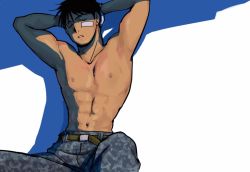 Rule 34 | 1boy, abs, armpits, arms behind head, arms up, bandaid, bandaid on cheek, bandaid on face, belt, black hair, black outline, camouflage, camouflage pants, collarbone, closed eyes, facing viewer, fullmetal alchemist, green belt, grey pants, hair strand, leaning back, male focus, messy hair, military, military uniform, muscular, muscular male, narrow waist, nipples, outline, pants, parted lips, roy mustang, shade, shadow, sidelighting, simple background, sleeping, sleeping upright, spiked hair, topless male, uniform, urikurage, white background