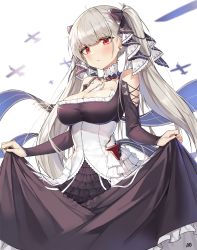 Rule 34 | 1girl, ahoge, aircraft, aliceblue, artist name, azur lane, black dress, blurry, blush, bow, breasts, cleavage, closed mouth, clothes lift, cowboy shot, depth of field, detached collar, dress, dress lift, earrings, flight deck, formidable (azur lane), glint, hair bow, highres, jewelry, large breasts, long hair, long sleeves, looking at viewer, nail polish, red eyes, revision, silver hair, simple background, solo, twintails, very long hair, white background
