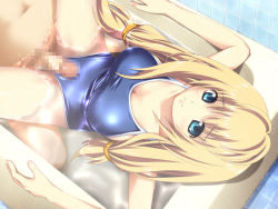 Rule 34 | 1boy, 1girl, aqua eyes, bath, bathtub, blonde hair, blue eyes, breasts, cameltoe, censored, cleavage, clothed female nude male, dutch angle, from above, game cg, grinding, hetero, hitsujimura saki, indoors, large breasts, long hair, lying, mixed-sex bathing, nude, one-piece swimsuit, penis, shared bathing, spread legs, swimsuit, twintails, wet, wondering repair