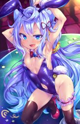 Rule 34 | 1boy, :d, absurdres, androgynous, animal ears, areola slip, armpits, arms behind head, bare shoulders, black thighhighs, blue eyes, blue hair, blush, bulge, clothing cutout, dancing, fake animal ears, fake tail, fang, hacka doll, hacka doll 3, high heels, highleg, highleg leotard, highres, leotard, long hair, looking at viewer, male focus, nail polish, naughty face, navel, navel cutout, open mouth, pink footwear, playboy bunny, pole, pole dancing, rabbit ears, rabbit tail, smile, solo, sweat, tail, thighhighs, toraishi 666, trap, very long hair