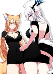 Rule 34 | 2girls, ahoge, animal ears, arms behind back, ass, backless dress, backless outfit, blush, breasts, cleavage, covered navel, cowboy shot, dragon girl, dragon horns, dragon tail, dress, earrings, fox ears, fox tail, heart, horns, jewelry, konshin, large breasts, long hair, looking at viewer, multiple girls, original, pointy ears, purple eyes, short dress, silver hair, slit pupils, smile, tail, thighs, very long hair, white background