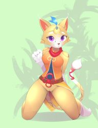 Rule 34 | 1girl, :3, animal ears, animal hands, animal nose, arm behind back, b-epon, bare shoulders, belt, body fur, breasts, cat ears, cat girl, cat tail, circlet, claws, cleft of venus, closed mouth, dress, female focus, full body, fur-tipped tail, furry, furry female, green background, groin, hand up, happy, highres, kneeling, looking at viewer, medium breasts, no panties, orange dress, purple eyes, pussy, red ribbon, ribbon, shiny skin, simple background, sleeveless, sleeveless dress, smile, solo, spread legs, tail, tail ornament, tail ribbon, the great warrior wall, thighs, two-tone background, two-tone fur, uncensored, white fur, ye qing xi yue, yellow fur