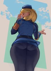 Rule 34 | 1girl, armband, ass, belt, bherna gal, black pantyhose, blonde hair, blue hat, blue jacket, blue skirt, blue sky, closed eyes, covering own mouth, curvy, from behind, from below, garrison cap, hand over own mouth, harsh-mallowz, hat, jacket, laughing, legs together, microskirt, monster hunter (series), open mouth, pantyhose, pantylines, short hair, skirt, sky, solo, standing, uniform, vambraces