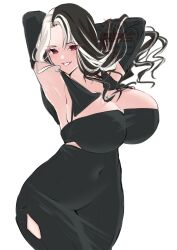Rule 34 | 1girl, armpits, black dress, black hair, blush, breasts, cleavage, clothing cutout, covered navel, dress, goddess of victory: nikke, grin, highres, huge breasts, long hair, looking at viewer, morino koara, multicolored hair, off-shoulder dress, off shoulder, official alternate costume, parted hair, red eyes, rosanna (nikke), simple background, smile, solo, split-color hair, white background, white hair