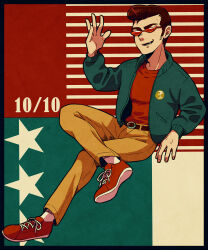 Rule 34 | 1boy, belt, black belt, blue jacket, brown pants, dated, facial hair, grin, highres, invisible chair, jacket, long sideburns, male focus, mother (game), mother 1, nintendo, pants, pompadour, red-tinted eyewear, red footwear, red shirt, shifumame, shirt, sideburns, sideburns stubble, sitting, smile, solo, stubble, teddy (mother), tinted eyewear