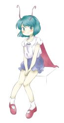 Rule 34 | 1girl, :d, antennae, blue eyes, blue hair, blue shorts, cape, collarbone, collared shirt, highres, mary janes, nonamejd, official style, open mouth, puffy shorts, red cape, red footwear, shirt, shoes, short hair, short sleeves, shorts, simple background, sitting, smile, socks, solo, touhou, v arms, white background, white shirt, white socks, wriggle nightbug, zun (style)