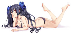 Rule 34 | 1girl, ass, bare arms, bare legs, barefoot, bikini, black bikini, black hair, breasts, butt crack, cleavage, hair ribbon, iwashi dorobou -r-, long hair, lying, medium breasts, neptune (series), noire (neptunia), on stomach, red eyes, ribbon, simple background, smile, solo, swimsuit, twintails, white background