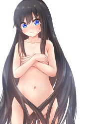 Rule 34 | 1girl, alternate hair length, alternate hairstyle, asashio (kancolle), blush, comiching, completely nude, covering privates, covering chest, cowboy shot, flat chest, hair censor, highres, kantai collection, long hair, navel, nude, solo, sweatdrop, tears, very long hair, wavy mouth