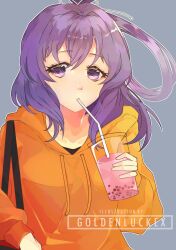 Rule 34 | 1girl, ao no kiseki, artist name, bow-shaped hair, bubble tea, commentary, commission, cup, disposable cup, double-parted bangs, drinking, drinking straw, drinking straw in mouth, eiyuu densetsu, english commentary, goldenluckex, hair between eyes, hood, hoodie, jacket, looking at viewer, portrait, purple eyes, purple hair, rixia mao, solo, upper body, watermark, zero no kiseki