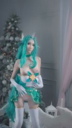 Rule 34 | breasts, clothes lift, cosplay, elbow gloves, gloves, green eyes, green hair, highres, horn, horns, league of legends, long hair, nipples, photo (medium), pointy ears, pussy, signature, single horn, skirt, skirt lift, soraka (league of legends), star guardian (league of legends), star guardian soraka, vandych, white gloves